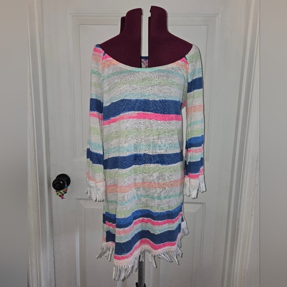 Lilly Pulitzer Dresses & Skirts - Lilly Pulitzer Blue Pink Linen Striped Fringe 3/4 Sleeve The Getaway Dress